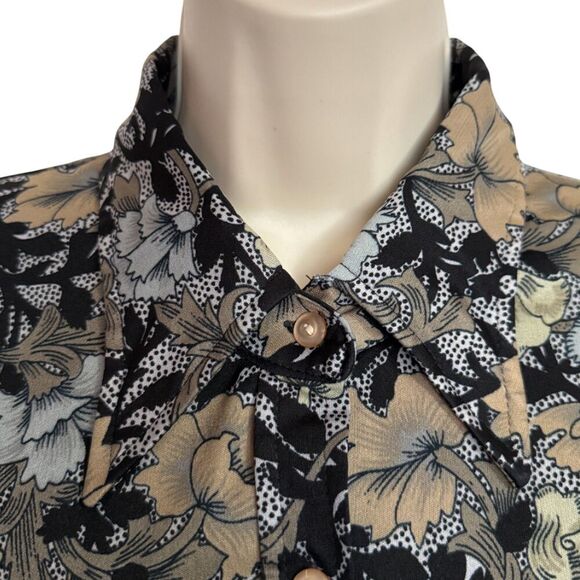 Rare 70s Vintage Brown, Black & Gray Floral Long Sleeve Button Down Top Size M - Picture 4 of 14